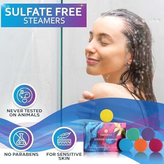 Bellisso Aromatherapy Shower Steamers, Set of 6 Scent Tablets - Essential Oil Fizzies Bath Bombs Self Care Kit for Women - Relaxing Stress Relief Gifts - Image 5